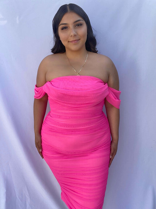 Maleny Off Shoulder Dress - Neon Pink